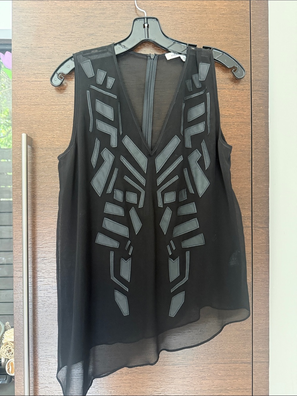 Robbi & Nikki Black pleather Embellished V-Neck Chiffon/Sheer Blouse